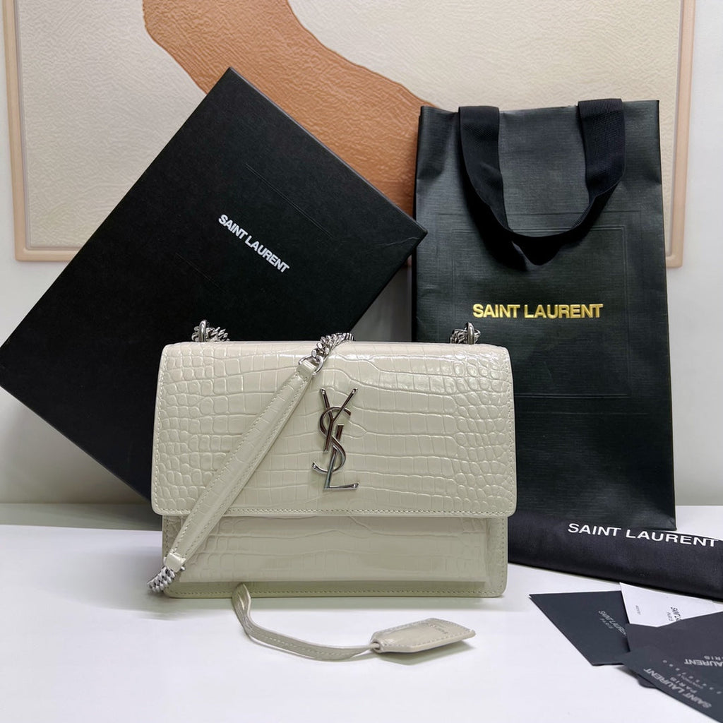 SUNSET MEDIUM 22 IN WEISSES KROKODIL-KALBSLEDER SILBERNE BESCHLÄGE