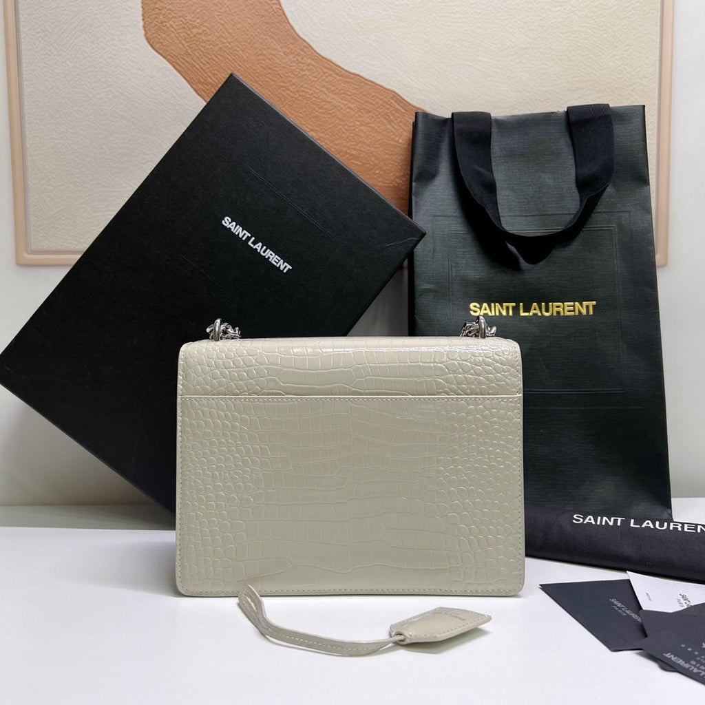 SUNSET MEDIUM 22 IN WEISSES KROKODIL-KALBSLEDER SILBERNE BESCHLÄGE