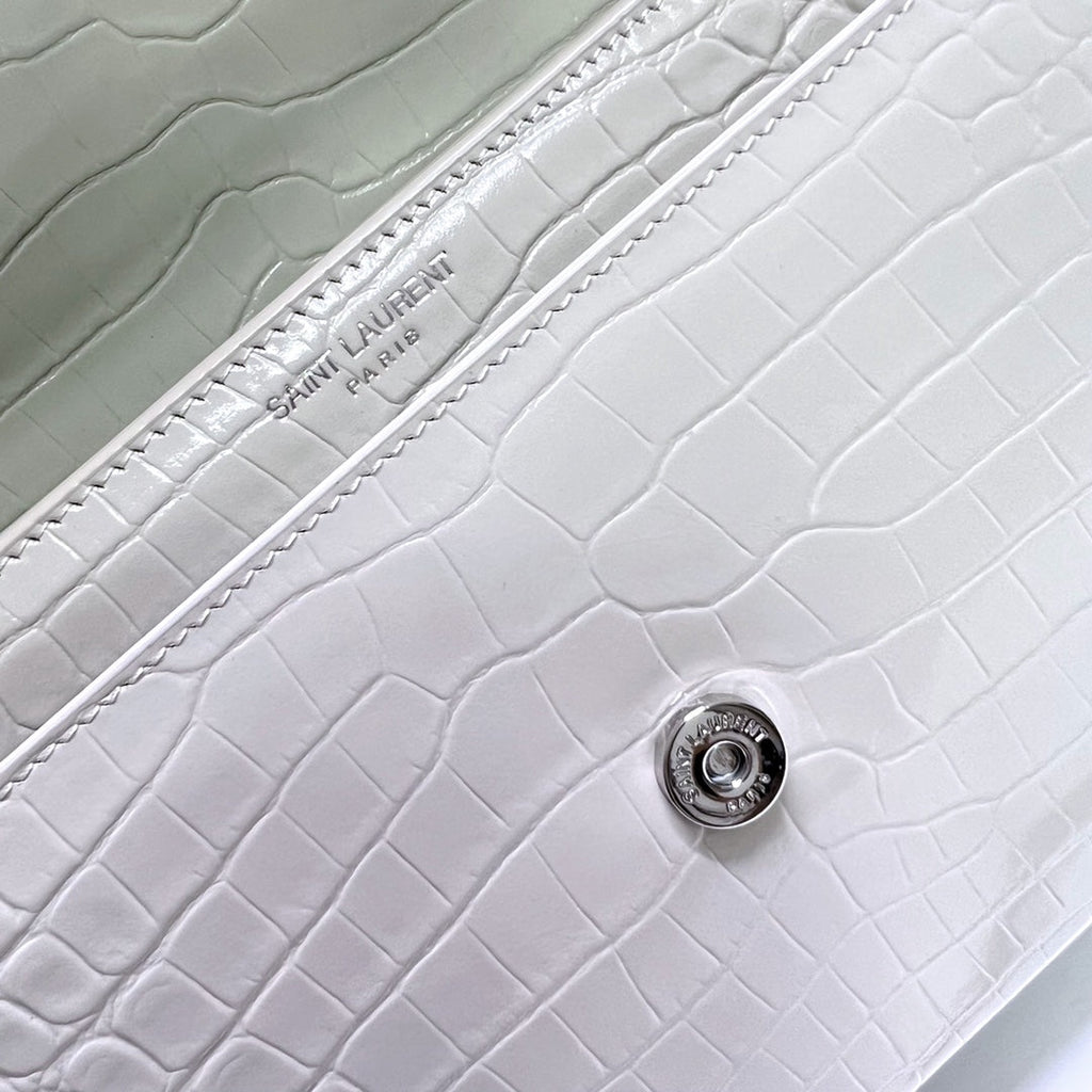 SUNSET MEDIUM 22 IN WEISSES KROKODIL-KALBSLEDER SILBERNE BESCHLÄGE