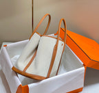 GARDEN PARTY 36CM IN WHITE TOILETS COTTON CANVAS AND BROWN CALFSKIN