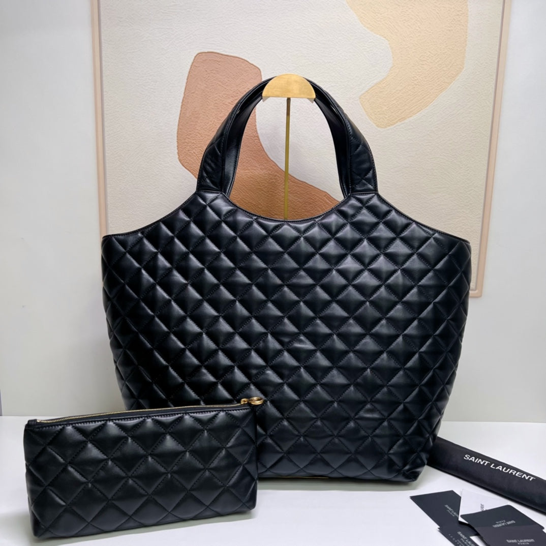 ICARE 58 MAXI EINKAUFSTASCHE IN SCHWARZEM LAMMLEDER, GOLD-TONE-METALLIC