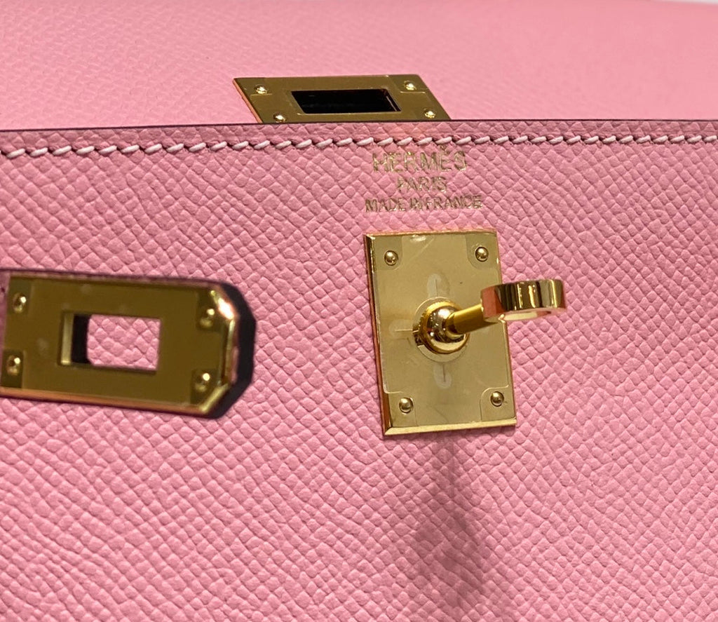 KELLY MINI 20 TASCHE AUS ROSA KALBSLEDER MIT GOLDENEN BESCHLÄGEN (AUF BESTELLUNG GEFERTIGT)