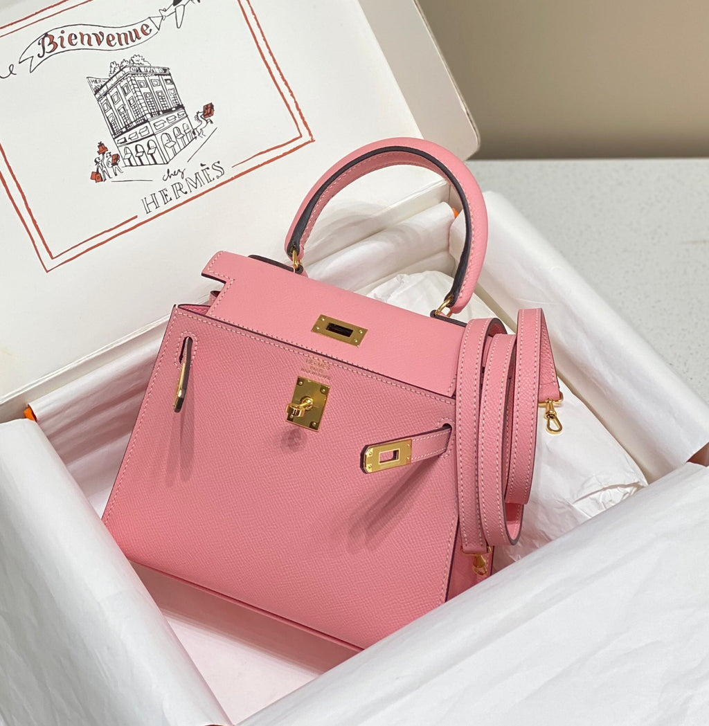 KELLY MINI 20 TASCHE AUS ROSA KALBSLEDER MIT GOLDENEN BESCHLÄGEN (AUF BESTELLUNG GEFERTIGT)