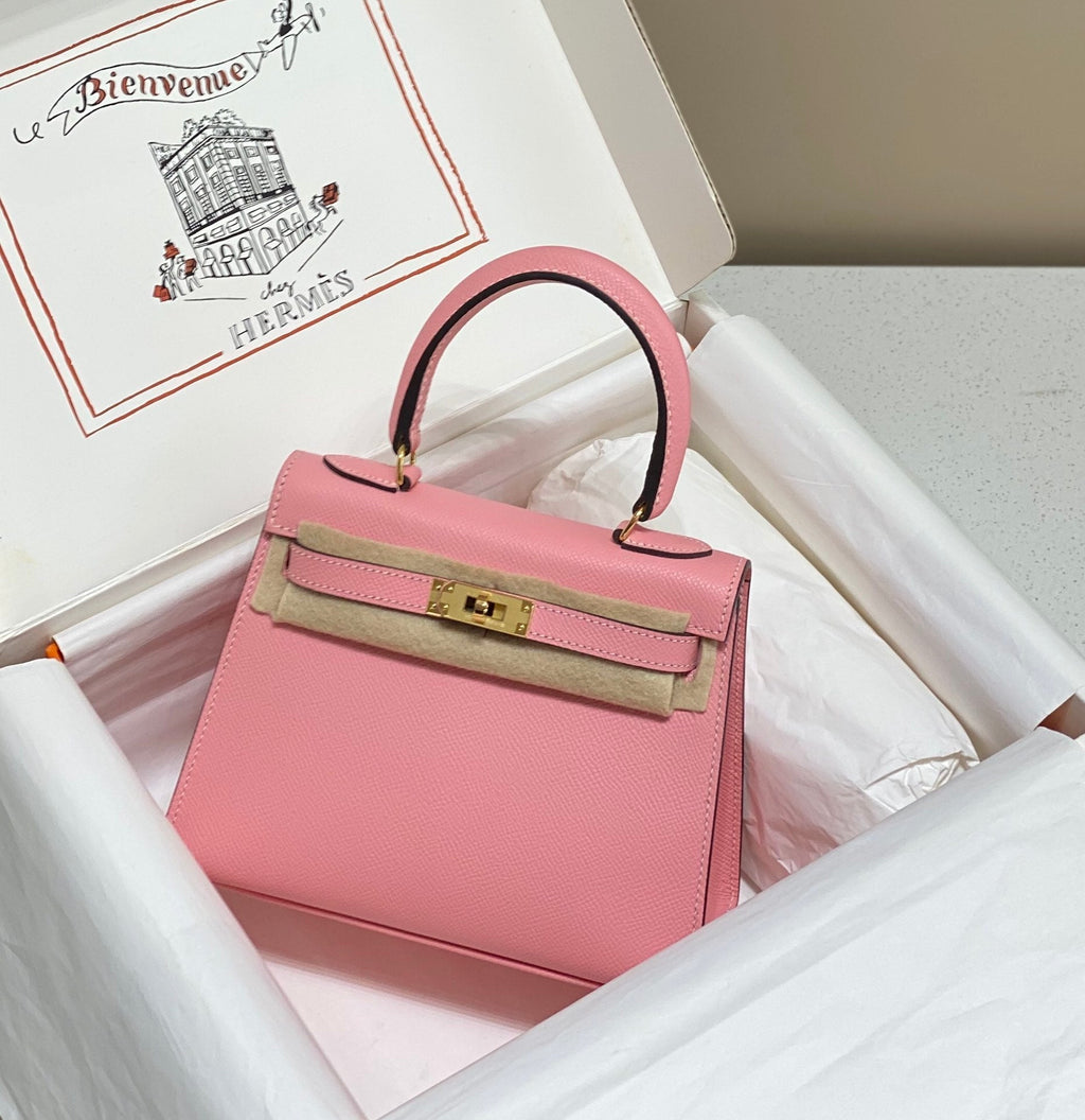 KELLY MINI 20 TASCHE AUS ROSA KALBSLEDER MIT GOLDENEN BESCHLÄGEN (AUF BESTELLUNG GEFERTIGT)