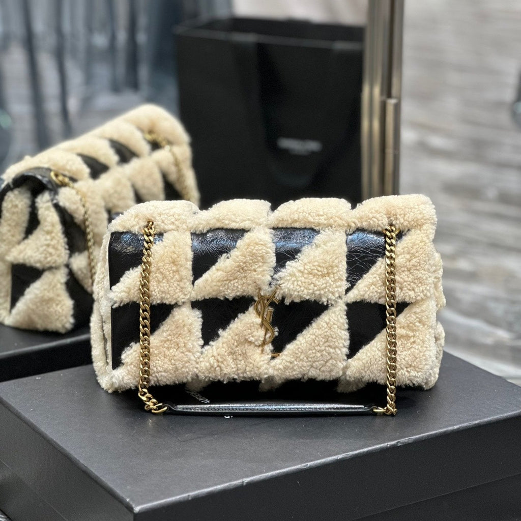 JAMIE TASCHE 25 IN SCHWARZ KALBSLEDER-MIX BEIGE LAMMFUTTER GOLDENE BESCHLÄGE