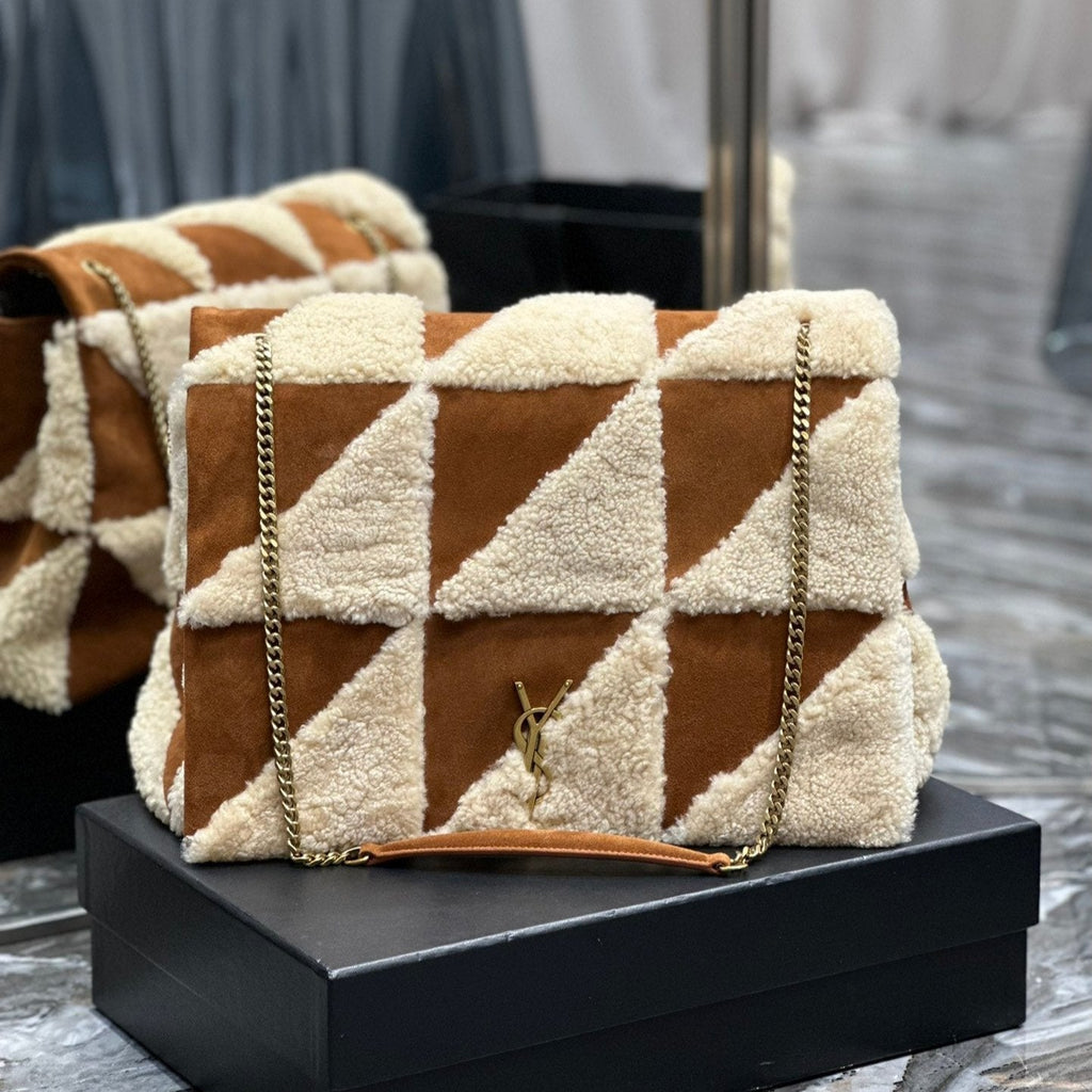 JAMIE 4.3 GROSSE TASCHE 38 IN BRAUN WILDLEDER-MIX BEIGE LAMMFUTTER GOLDENE BESCHLÄGE