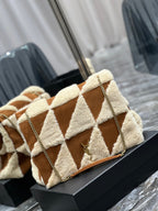 JAMIE 4.3 GROSSE TASCHE 38 IN BRAUN WILDLEDER-MIX BEIGE LAMMFUTTER GOLDENE BESCHLÄGE