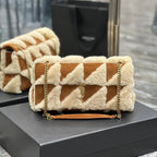 JAMIE TASCHE 25 IN BRAUNEM WILDLEDER-MIX BEIGE LAMMFUTTER GOLDENE BESCHLÄGE