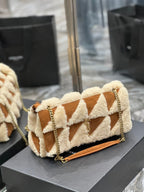 JAMIE TASCHE 25 IN BRAUNEM WILDLEDER-MIX BEIGE LAMMFUTTER GOLDENE BESCHLÄGE