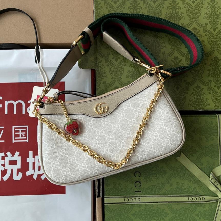 OPHIDIA KLEINE SCHULTERTASCHE 25 IN WEISSEM CANVAS UND HAFERFARBENEM LAMMLEDER GOLDENE BESCHLÄGE