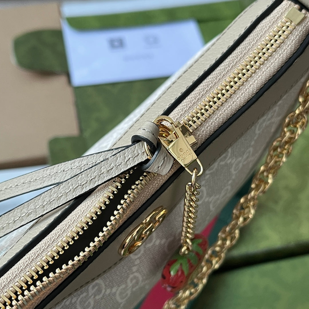 OPHIDIA KLEINE SCHULTERTASCHE 25 IN WEISSEM CANVAS UND HAFERFARBENEM LAMMLEDER GOLDENE BESCHLÄGE