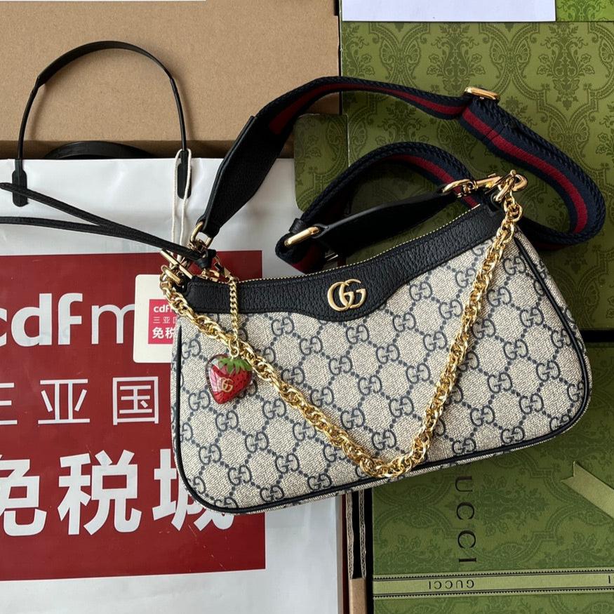 OPHIDIA KLEINE SCHULTERTASCHE 25 IN BEIGEM CANVAS UND SCHWARZEM LAMMLEDER GOLDENE BESCHLÄGE