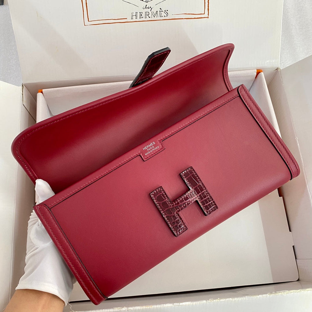 JIGE ELAN 29 CLUTCH IN CHERRY RED CALFSKIN WITH WINE RED LIZARD SKIN (MADE-TO-ODER)