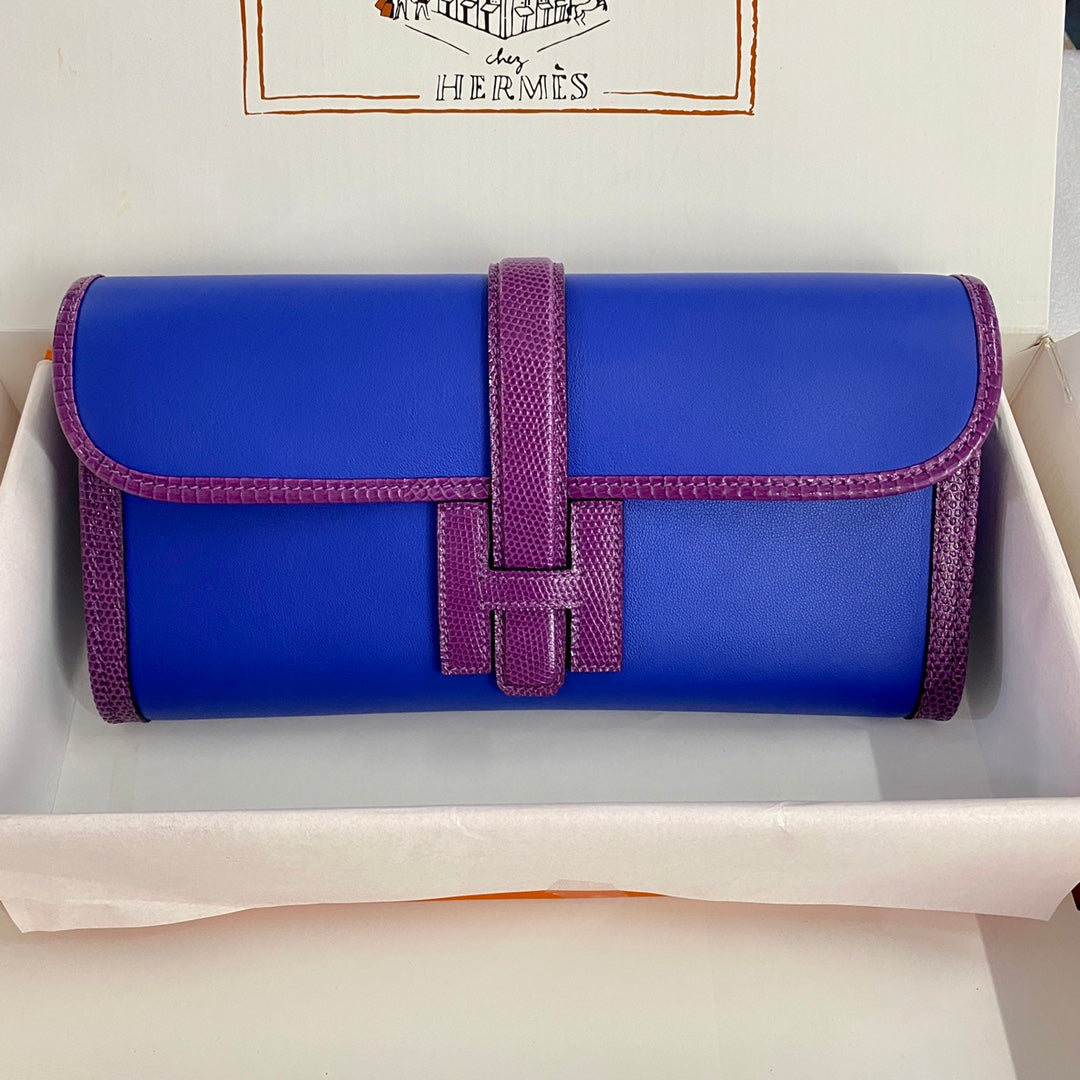 JIGE ELAN 29 CLUTCH IN COBALT BLUE CALFSKIN WITH VIOLET PURPLE LIZARD SKIN (MADE-TO-ODER)