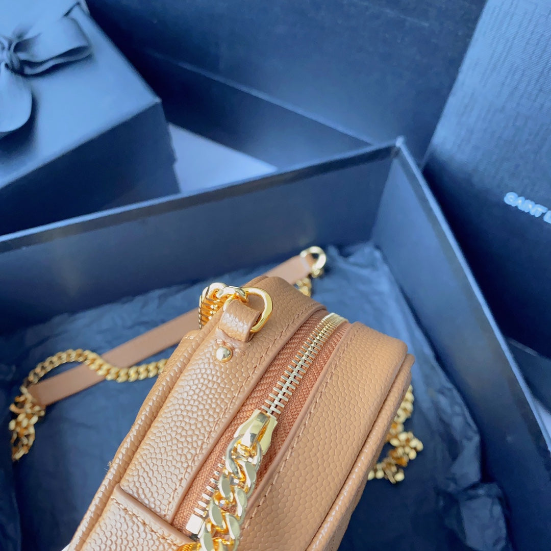 LOU MINI-KAMERATASCHE 19 IN MANGO-ORANGE KAVIARMUSTER KALBSLEDER GOLDENE BESCHLÄGE