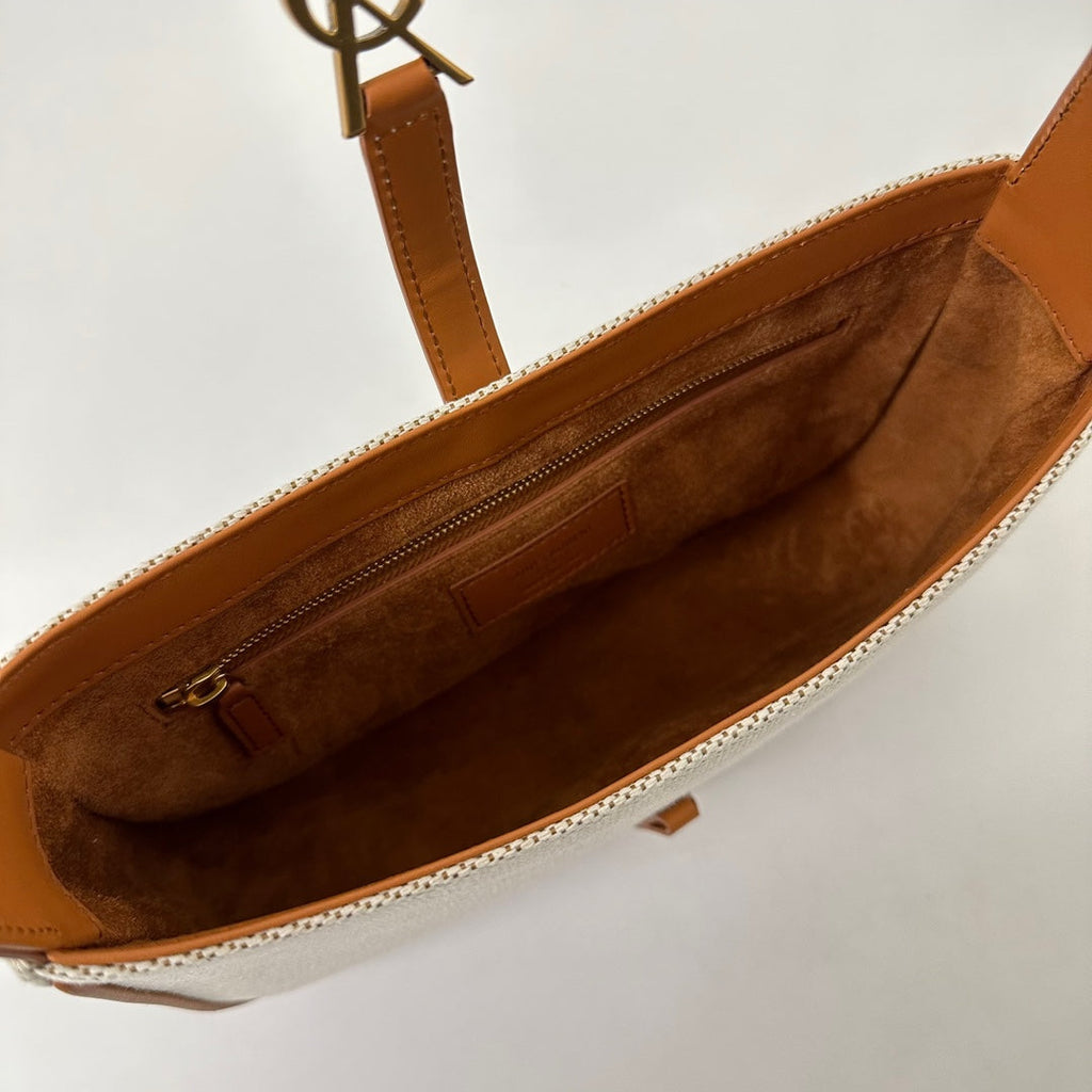 LE 5 À 7 BAG 23 WEISS BRAUNES CANVAS MIT KALBSLEDER