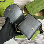 BLONDIE INTERLOCK MINI-SCHULTERTASCHE 12 ZOLL SCHWARZES KALBSLEDER GOLDENE KETTE