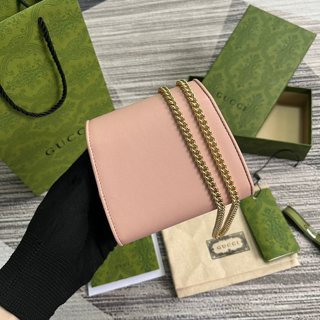 BLONDIE INTERLOCK MINI-SCHULTERTASCHE 12 ZOLL HELLROSA KALBSLEDER GOLDKETTE