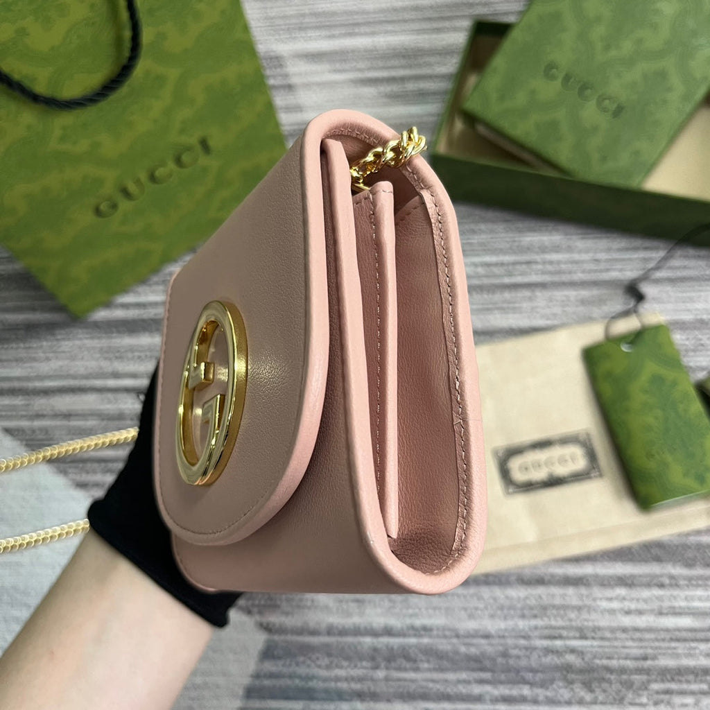 BLONDIE INTERLOCK MINI-SCHULTERTASCHE 12 ZOLL HELLROSA KALBSLEDER GOLDKETTE