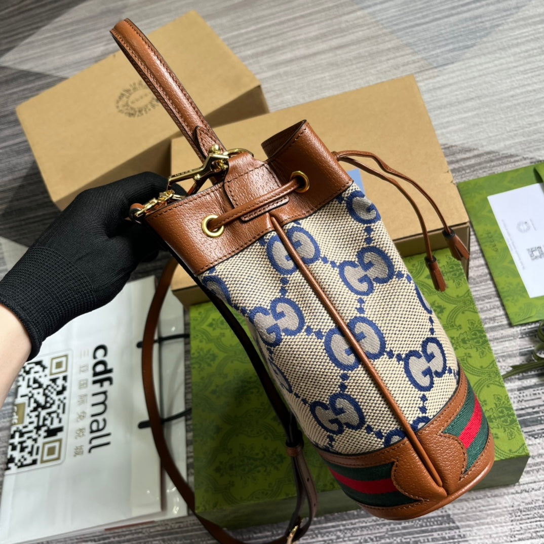 GG OPHIDIA KLEINE 26 BUCKET BAG IN BEIGE CANVAS UND BRAUNEM KALBSLEDER