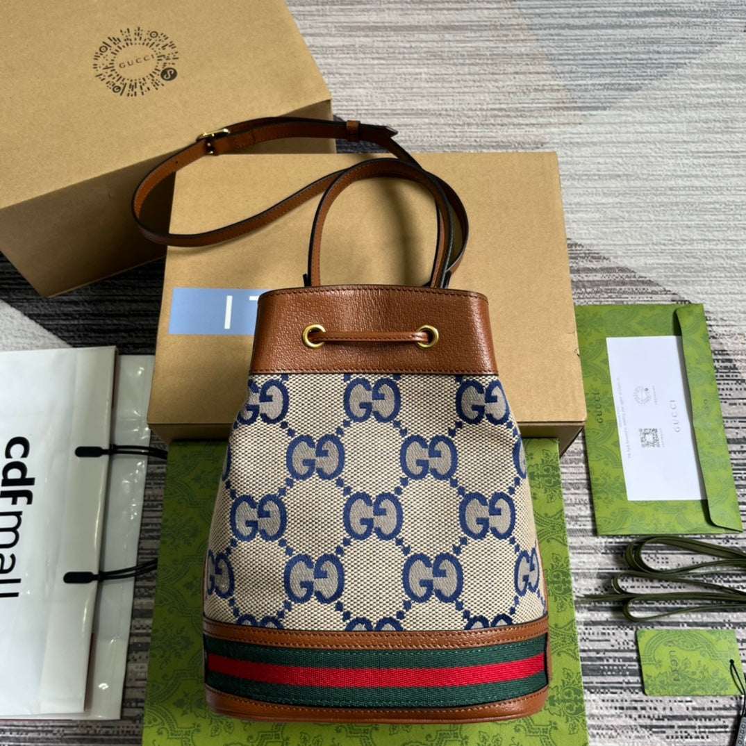 GG OPHIDIA KLEINE 26 BUCKET BAG IN BEIGE CANVAS UND BRAUNEM KALBSLEDER