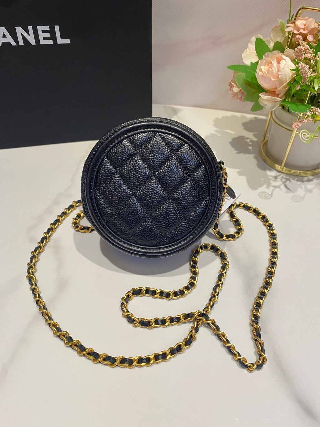 CC MINI 12 ROUND CHAIN BAG IN BLACK CALFSKIN GOLD HARDWARE