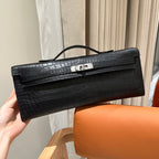 KELLY CUT 31 IN BLACK SHINY ALLIGATOR LEATHER WITH SILVER HARDWARE (MADE-TO-ODER)