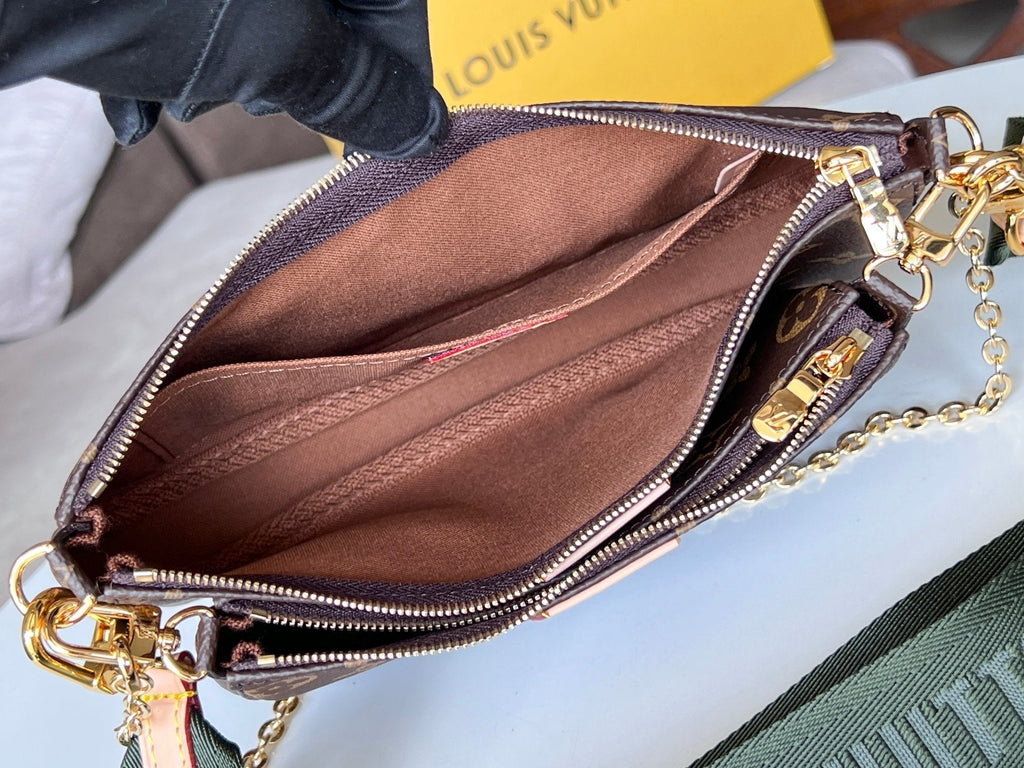 LV 25S MULTI POCHETTE ACCESSOIRES 25 IN BROWN MONOGRAM COATED CANVAS GREEN STRAP