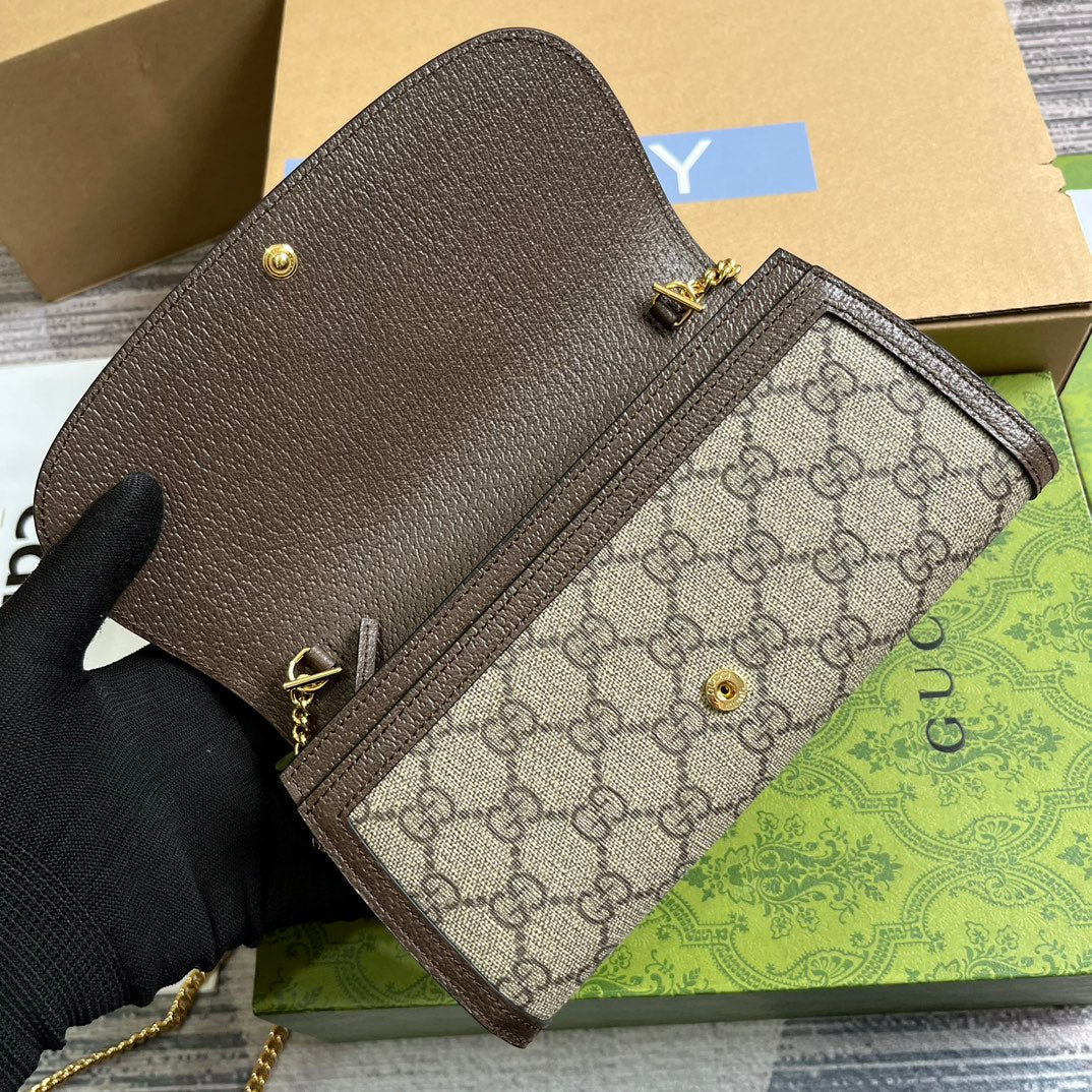 BLONDIE SCHULTERTASCHE 21 IN BEIGE MONOGRAMM-CANVAS UND DUNKELBRAUNEM KALBSLEDERBESATZ GOLDENE HALSBÄNDER