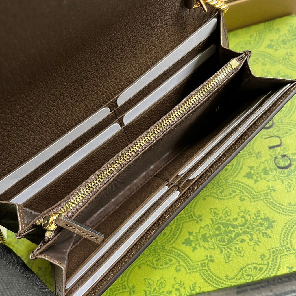 BLONDIE SCHULTERTASCHE 21 IN BEIGE MONOGRAMM-CANVAS UND DUNKELBRAUNEM KALBSLEDERBESATZ GOLDENE HALSBÄNDER