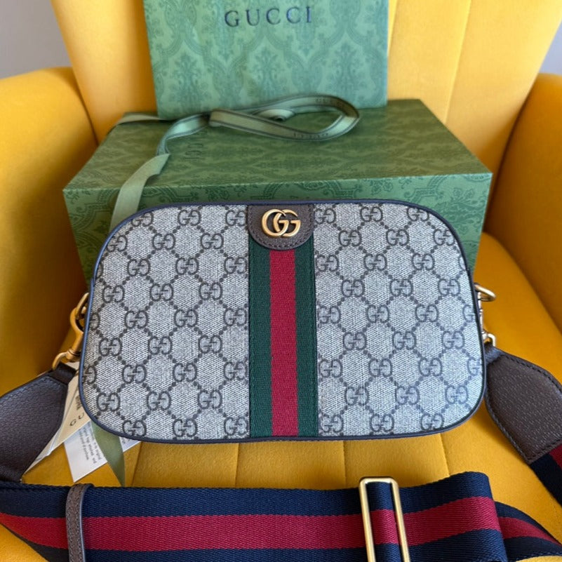 GG OPHIDIA SMALL 24 IN BEIGE CANVAS UND BRAUNES KALBSLEDER