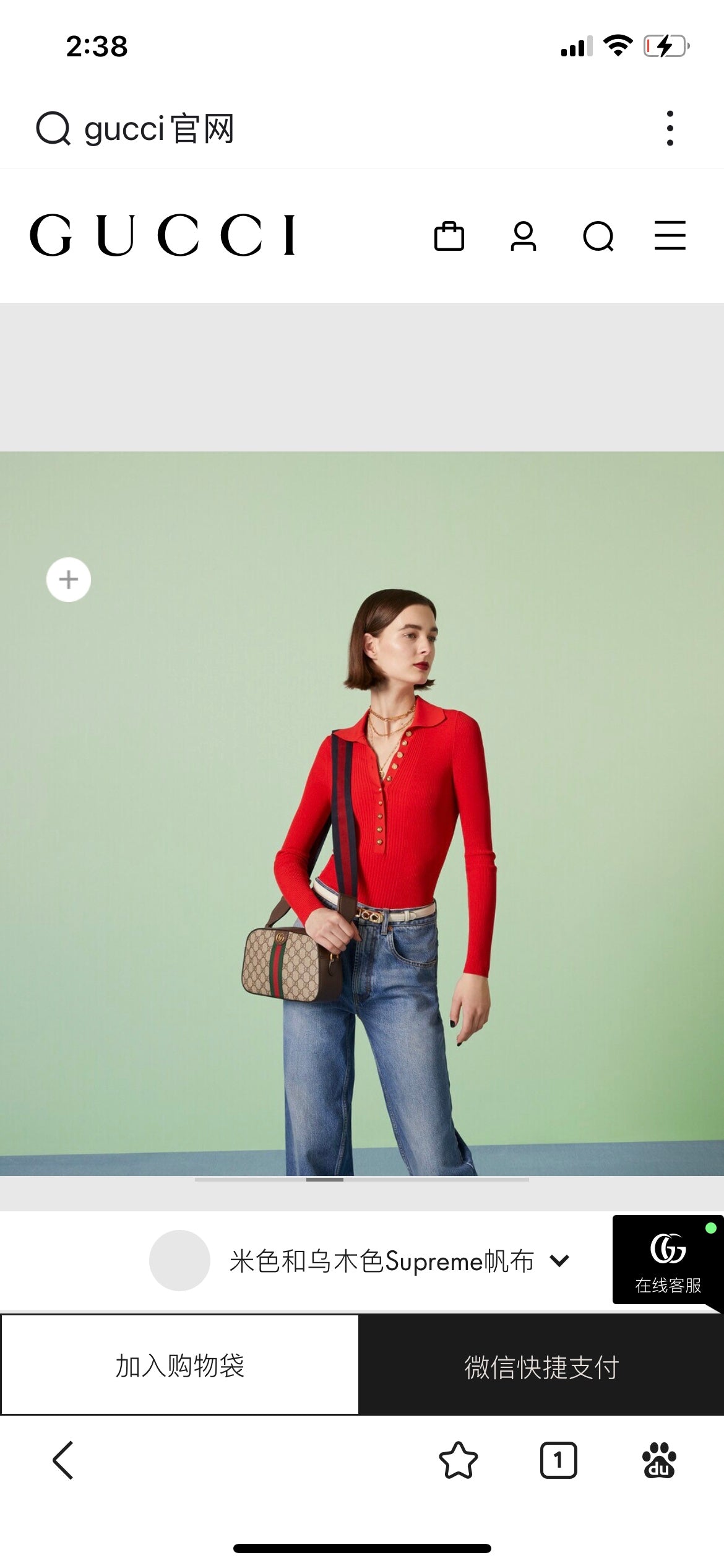 GG OPHIDIA SMALL 24 IN BEIGE CANVAS UND BRAUNES KALBSLEDER