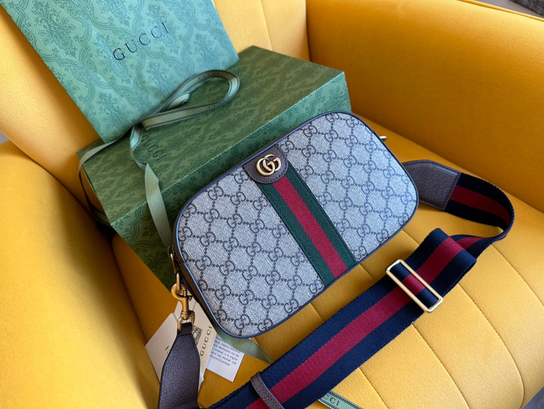 GG OPHIDIA SMALL 24 IN BEIGE CANVAS UND BRAUNES KALBSLEDER