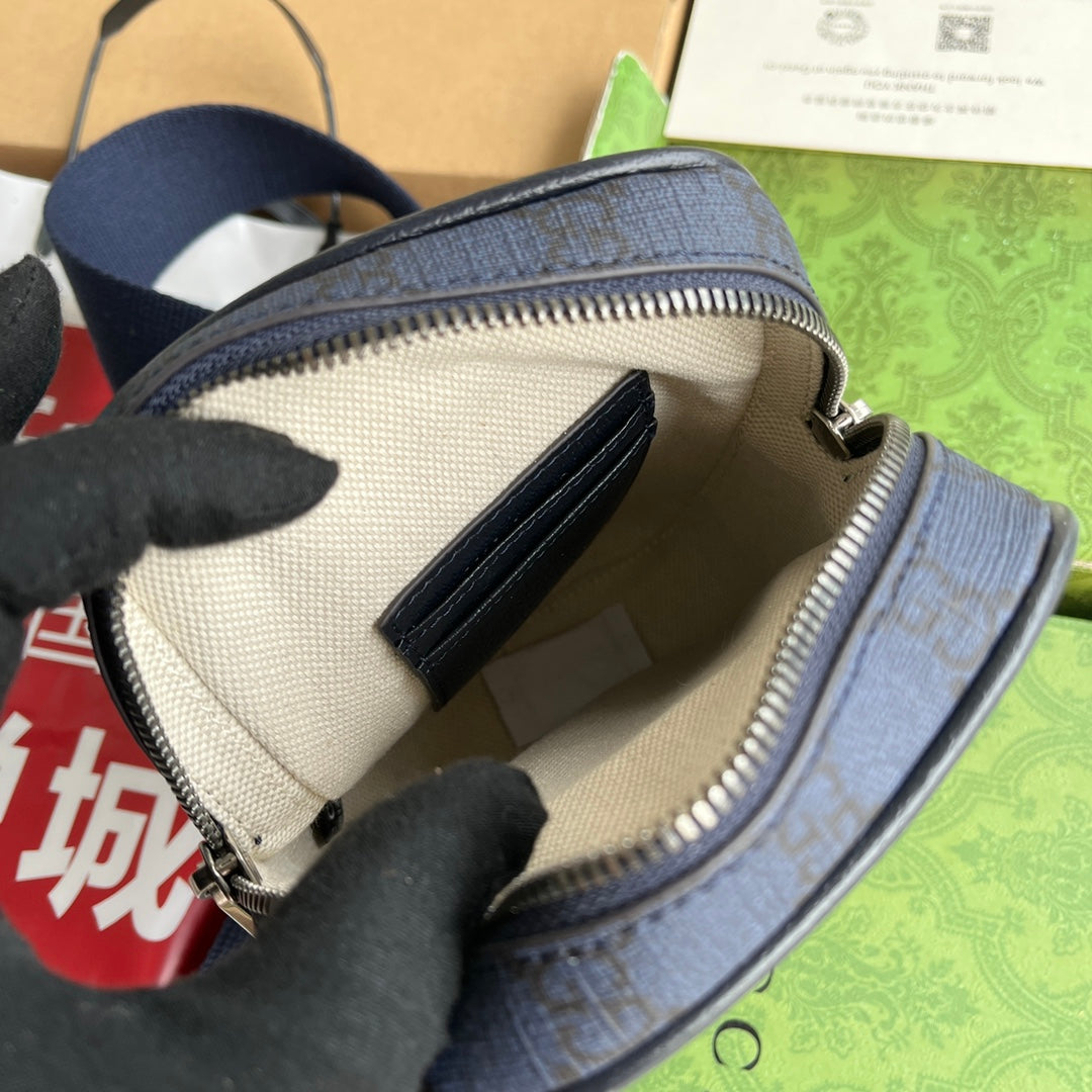 OPHIDIA MINI-TASCHE 18 IN DUNKELBLAUEM MONOGRAMM-CANVAS UND SCHWARZEM LAMMLEDERBESATZ