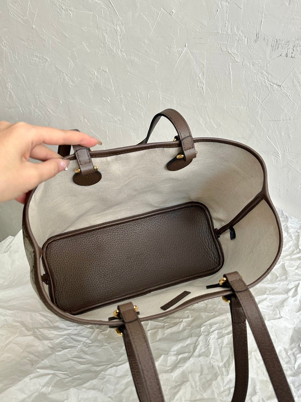 OPHIDIA KLEINE EINTRITTSTASCHE 31 BEIGE CANVAS UND BRAUNES KALBSLEDER