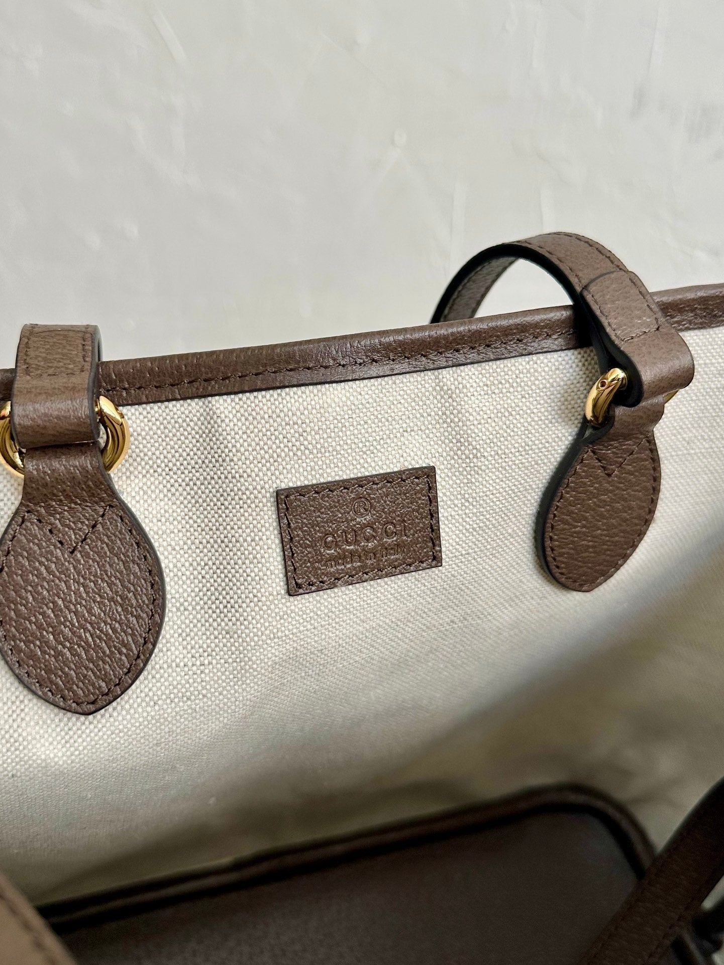 OPHIDIA KLEINE EINTRITTSTASCHE 31 BEIGE CANVAS UND BRAUNES KALBSLEDER