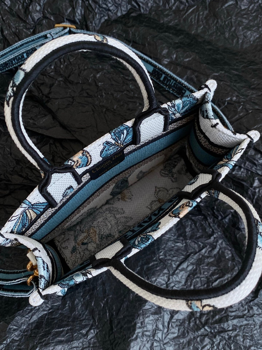 MINI BUCHTASCHE 21 SCHMETTERLINGSMUSTER BLAUES KALBSLEDER