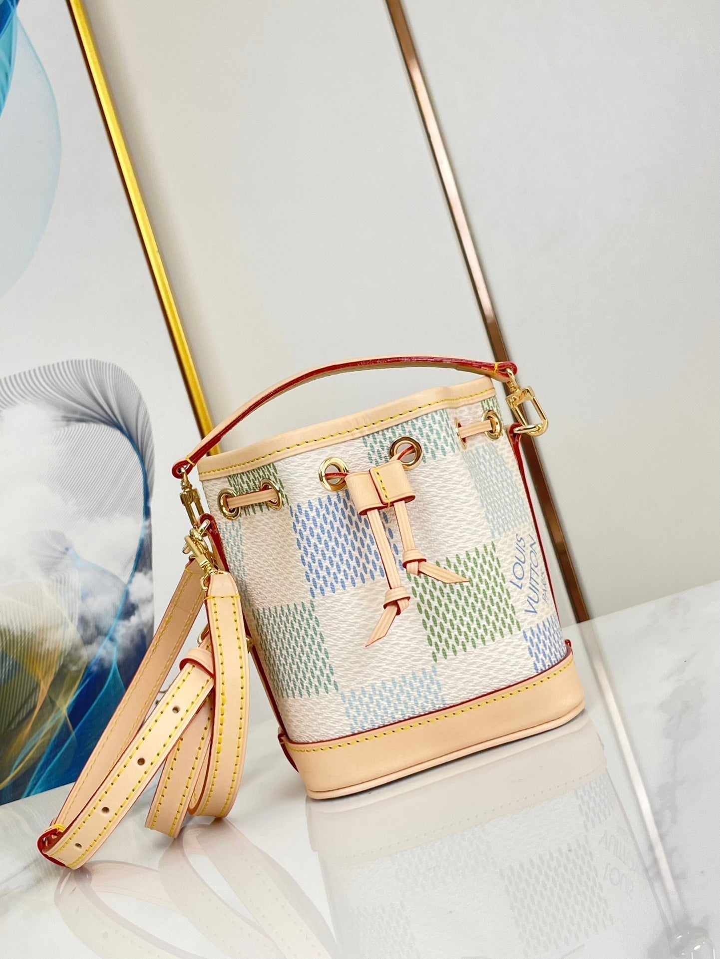 NANO NOÉ 16 IN PISTACHIO DAMIER GIANT CANVAS GOLD HARDWARE