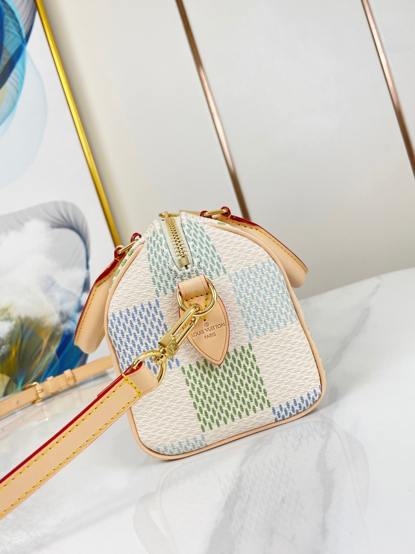 SPEEDY BANDOULIÈRE 20 IN PISTAZIEN-DAMIER-RIESEN-CANVAS-GOLD-HARDWARE