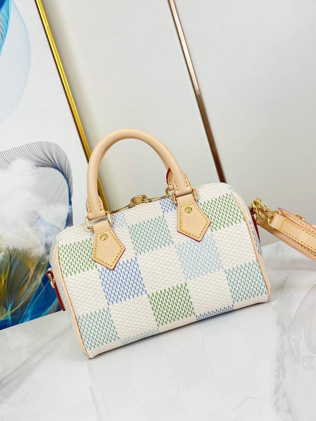 SPEEDY BANDOULIÈRE 20 IN PISTAZIEN-DAMIER-RIESEN-CANVAS-GOLD-HARDWARE