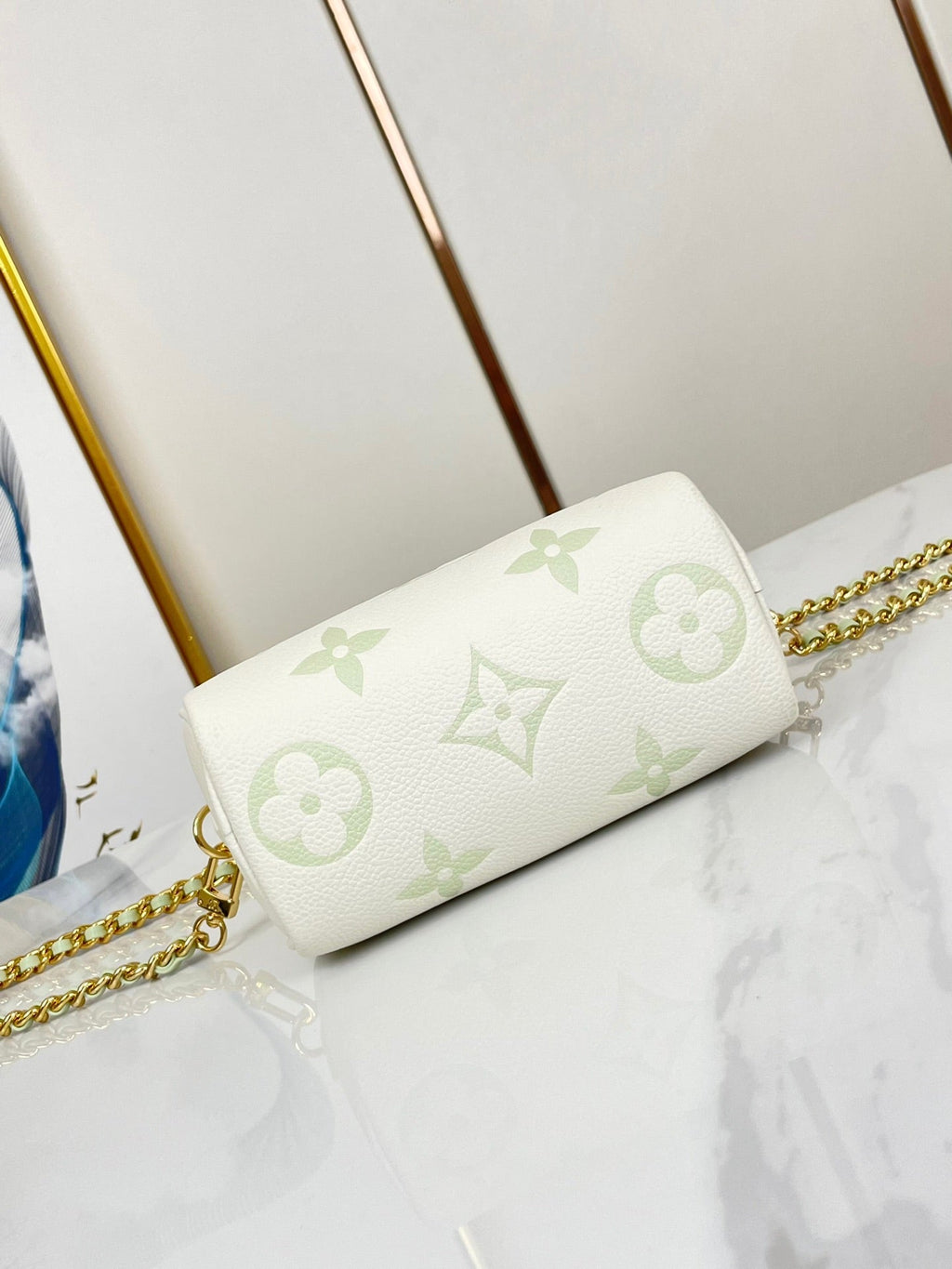 NANO SPEEDY 16 ZOLL WEISS LATTE MONOGRAM EMPREINTE LEDER GOLDENE BESCHLÄGE