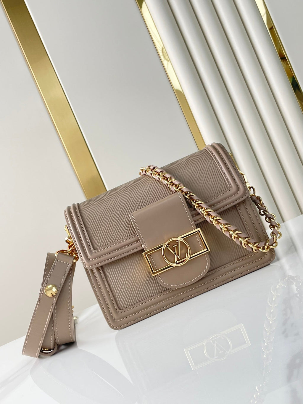 DAUPHINE MINI 20 IN MEDIUM BROWN EPI GRAINED CALFSKIN GOLD HARDWARE