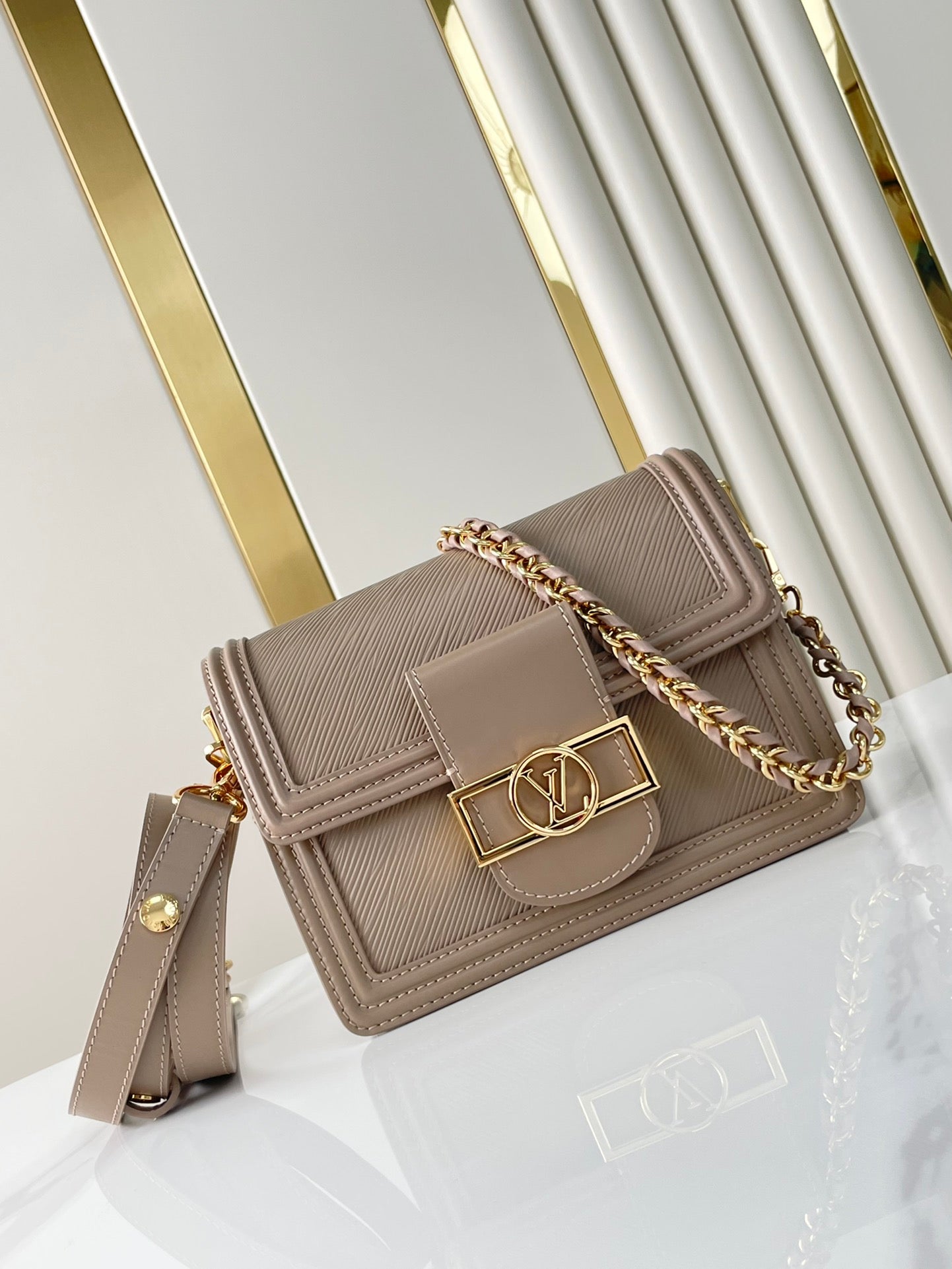 DAUPHINE MINI 20 IN MEDIUM BROWN EPI GRAINED CALFSKIN GOLD HARDWARE