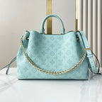 BELLA TOTE 32 IN HIMMELBLAUEM MONOGRAMM, PERFORIERTEM KALBSLEDER, GOLDENE BESCHLÄGE