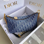 DIORSTAR 28 HOBO-TASCHE MIT KETTE, BLAUER DENIM, OBLIQUE-JACQUARD