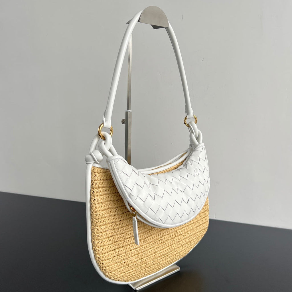 GEMELLI SCHULTERTASCHE 36 IN BEIGE RAFFIA UND WEISSEM LAMMLEDER