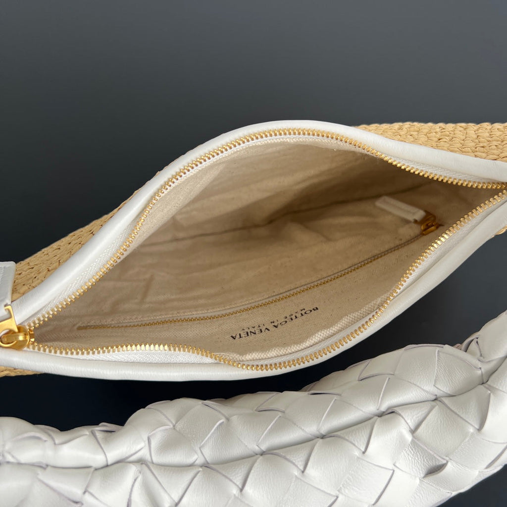 GEMELLI SCHULTERTASCHE 36 IN BEIGE RAFFIA UND WEISSEM LAMMLEDER