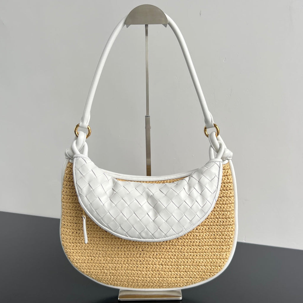 GEMELLI SCHULTERTASCHE 36 IN BEIGE RAFFIA UND WEISSEM LAMMLEDER