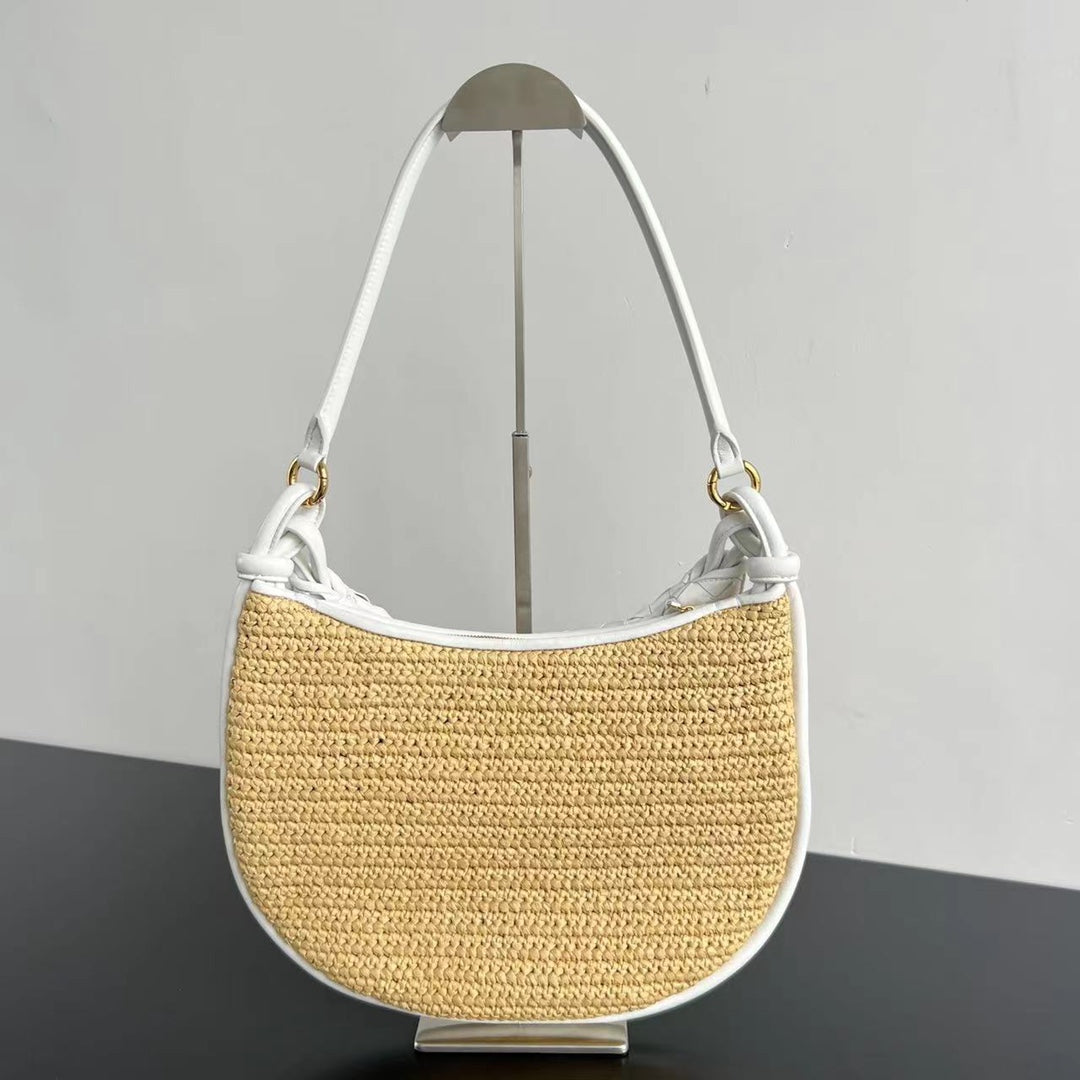 GEMELLI SCHULTERTASCHE 36 IN BEIGE RAFFIA UND WEISSEM LAMMLEDER