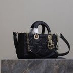 LADY D-JOY BAG 26 IN BLACK GRAPHIC CANNAGE CALFSKIN PALE GOLD-FINISH METAL CHARMS